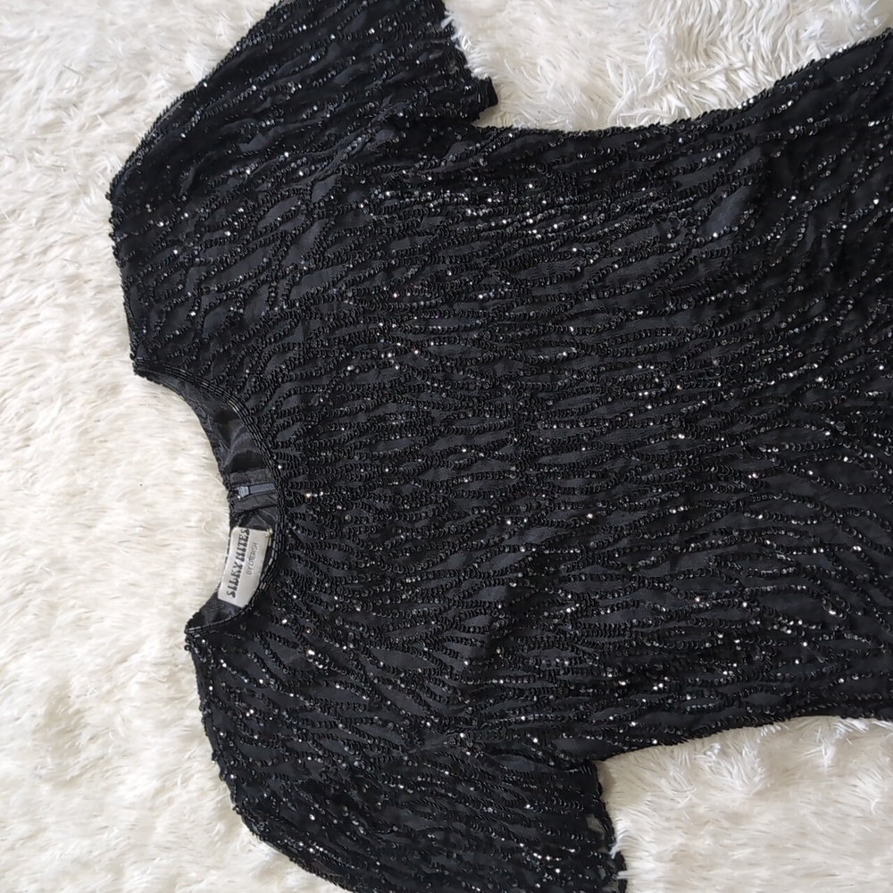 80s Vintage Silky Nites by Cherish Black Sequin & Beaded Cocktail Dress - Picture 2 of 15